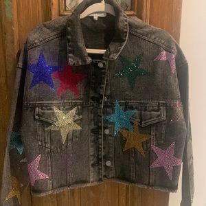 Peach Love oversized distressed black denim jacket with rhinestone stars. NWOT